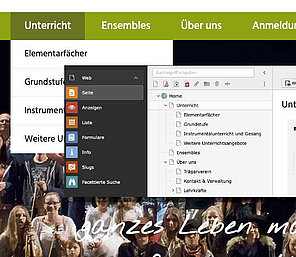 Screenshot des Typo3-Seitenbaums vor dem ausgeklappten Menü der zugehörigen Webseite zur Darstellung der Struktur.
